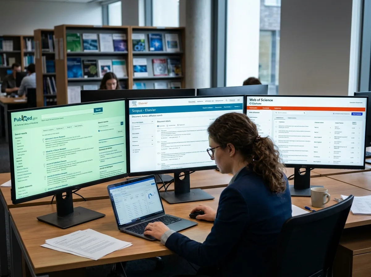 Экраны с базами данных медицинских журналов PubMed, Scopus, Web of Science — научная индексация публикаций