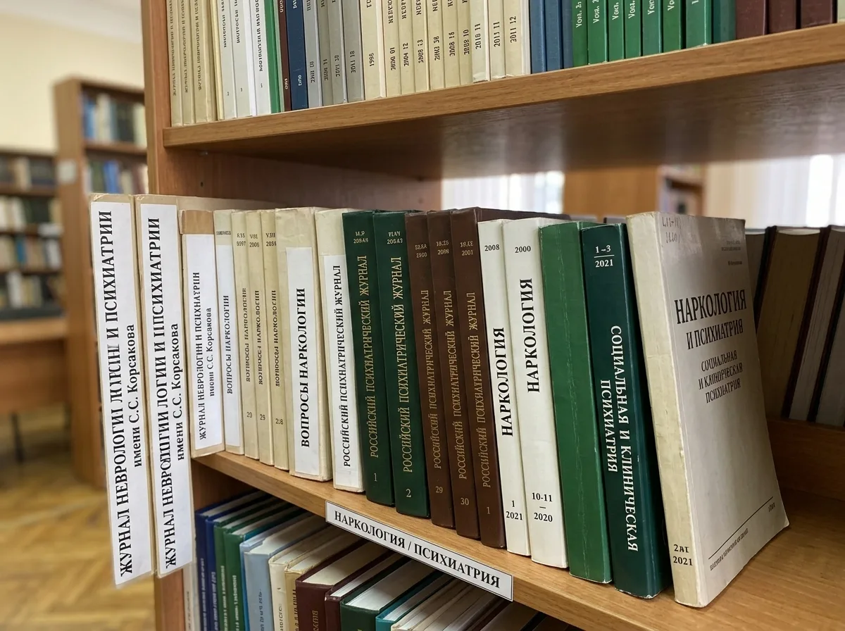 Коллекция российских научных медицинских журналов по наркологии и психиатрии на библиотечном стеллаже